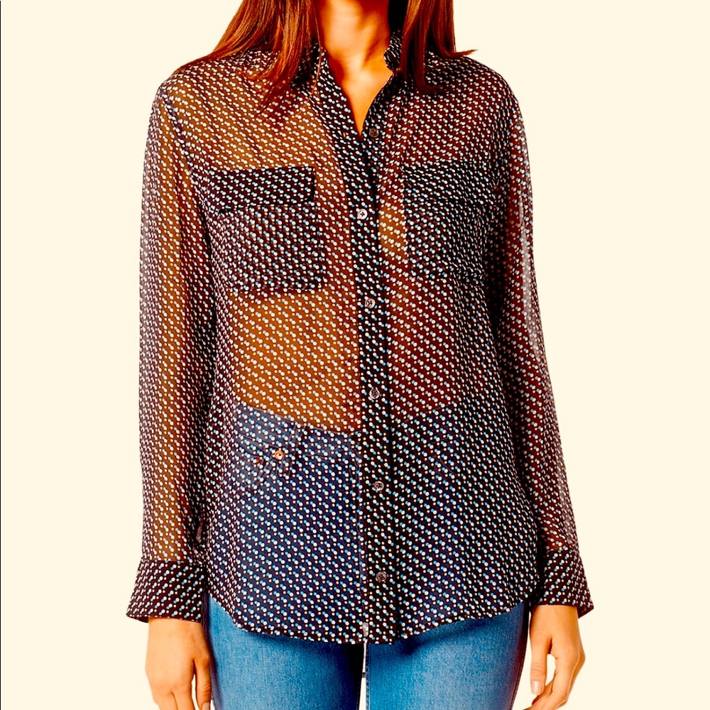 💐Equipment Womens Black White Houndstooth Long Sleeve Sheer Button Up Blouse